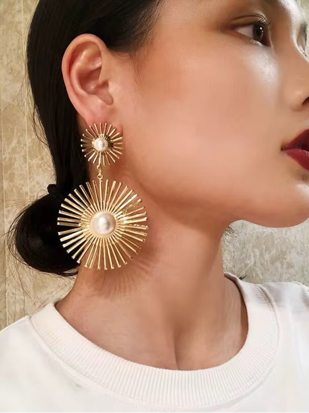 Gold Sunburst Pearl Drop Earrings - Women Jewelry